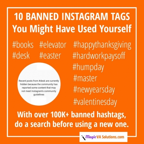 10 Banned Instagram Hashtags You Might Have Used Yourself - #books #elevator #happythanksgiving #desk #easter #hardworkpaysoff #humpday #master #newyearsday #valentinesday With over 100K+ banned hashtags, do a search before using a new one.